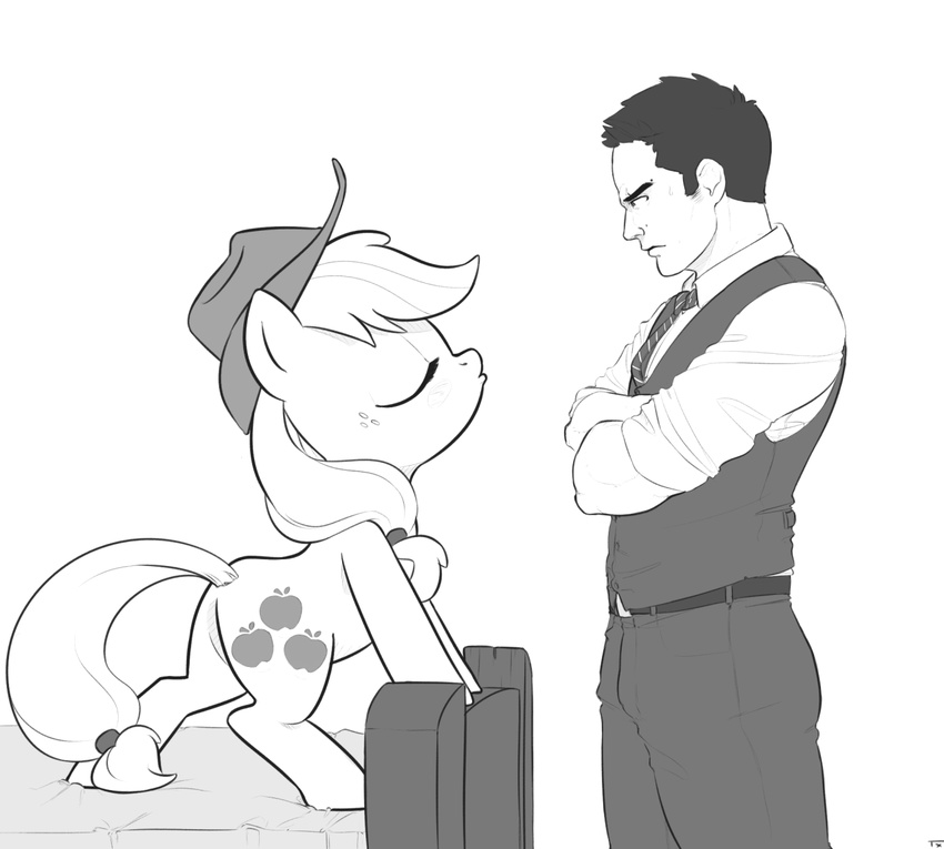 2015 applejack_(mlp) bed clothing cutie_mark duo earth_pony equine eyes_closed female feral freckles friendship_is_magic hair hat horse human male mammal monochrome my_little_pony pony txlegionnaire