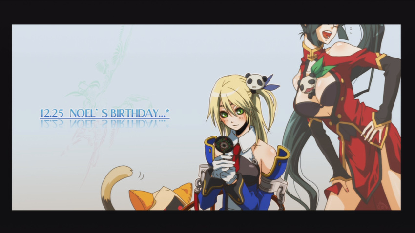 :x animal_ears artist_request between_breasts birthday black_hair blazblue blush breasts china_dress chinese_clothes cleavage cleavage_cutout detached_sleeves dress green_eyes hair_ornament lao_jiu large_breasts litchi_faye_ling long_hair multiple_girls noel_vermillion panda ponytail red_eyes side_ponytail tail tail_wagging taokaka very_long_hair