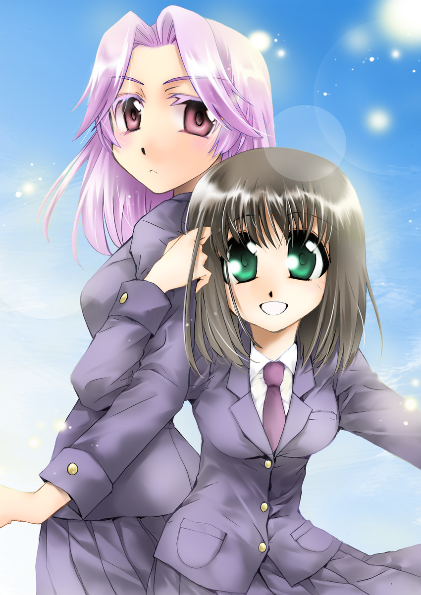 absurdres black_hair blazer blush highres jacket kajiki_yumi kapiko multiple_girls necktie purple_hair red_eyes saki school_uniform short_hair smile touyoko_momoko tsuruga_school_uniform