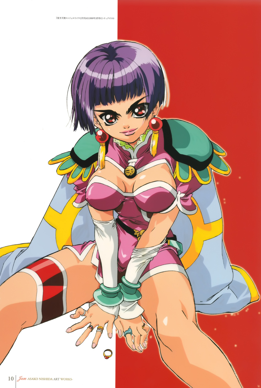 absurdres angel_links breasts cleavage earrings elbow_gloves eyebrows gloves highres jewelry large_breasts li_meifon lips nishida_asako purple_hair red_eyes short_hair smile smirk solo