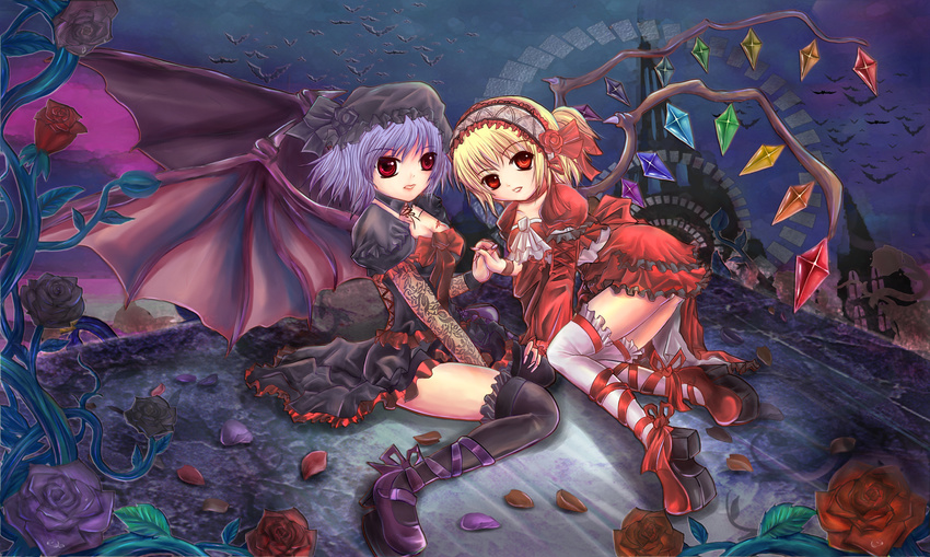 bat_wings black_flower black_rose blue_hair flandre_scarlet flower gothic_lolita hairband highres juuni_chacha lolita_fashion multiple_girls petals purple_flower purple_rose red_eyes remilia_scarlet rose rose_petals short_hair siblings side_ponytail sisters thighhighs touhou wings