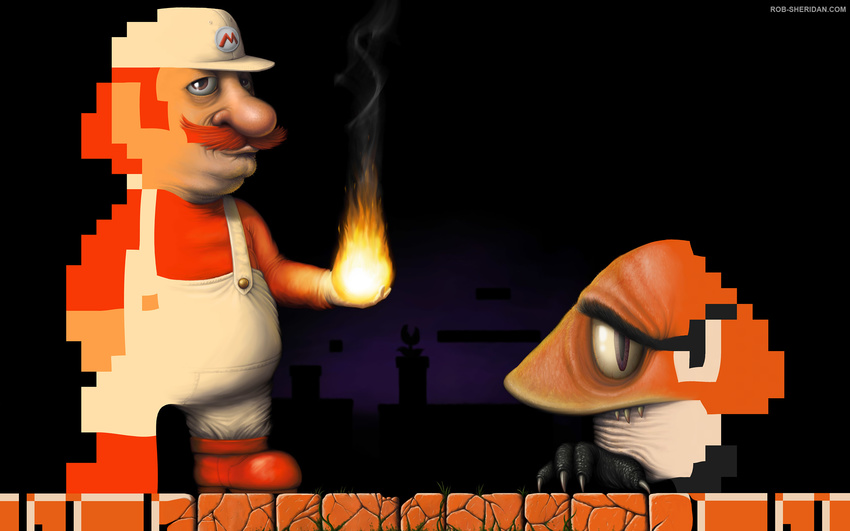 alternate_color alternate_form facial_hair fire fireball gloves goomba hat highres jpeg_artifacts male_focus mario mario_(series) mustache overalls piranha_plant pixel_art realistic red_hair rob_sheridan single_letter super_mario_bros. surreal wallpaper white_overalls