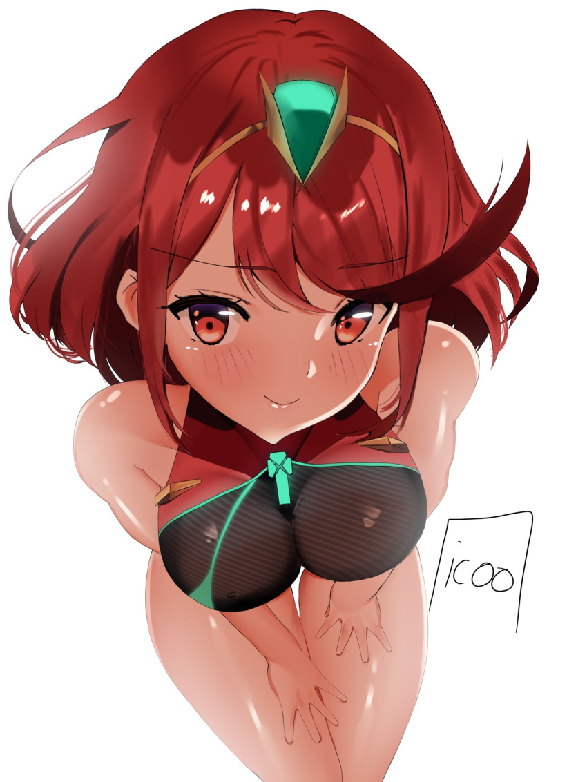 1girl bangs black_swimsuit breasts chest_jewel competition_swimsuit highres icoo large_breasts one-piece_swimsuit pyra_(pro_swimmer)_(xenoblade) pyra_(xenoblade) red_eyes red_hair red_swimsuit short_hair simple_background solo swept_bangs swimsuit two-tone_swimsuit white_background xenoblade_chronicles_(series) xenoblade_chronicles_2