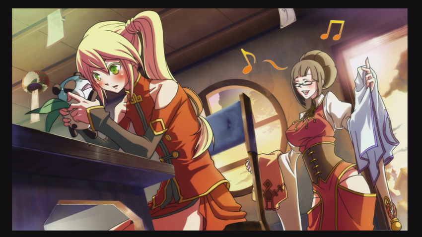 artist_request blazblue blazblue:_calamity_trigger blonde_hair blush chair china_dress chinese_clothes closed_eyes dress green_eyes lao_jiu litchi_faye_ling multiple_girls musical_note noel_vermillion official_art panda side_ponytail sitting table