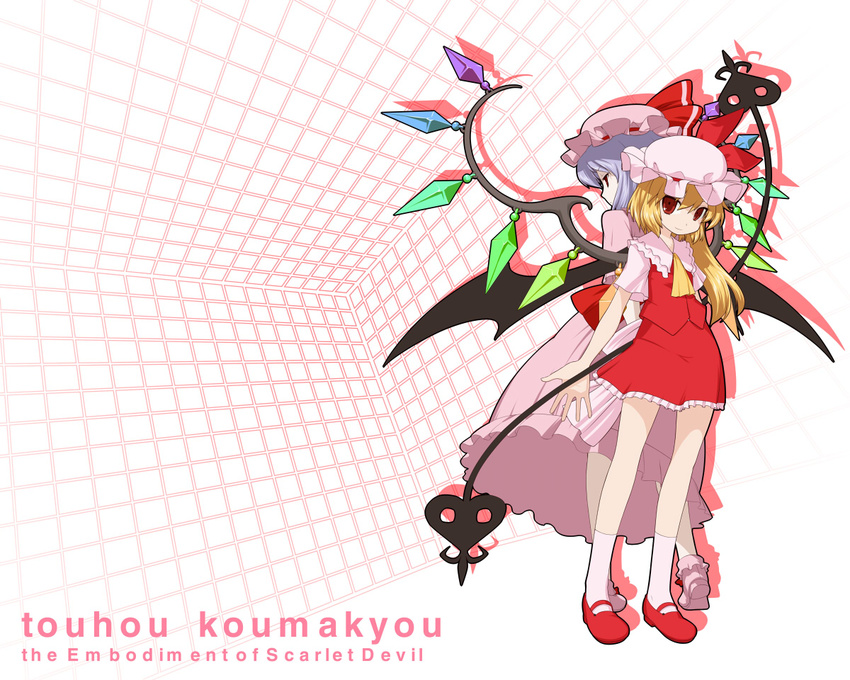 back-to-back bat_wings blonde_hair blue_hair captain_freedom copyright_name flandre_scarlet hat laevatein multiple_girls one_side_up ponytail red_eyes remilia_scarlet short_hair siblings sisters touhou vampire wings