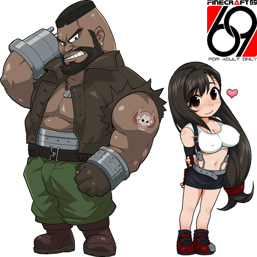 1girl arm_cannon barret_wallace beard breasts brown_hair chibi covered_nipples crop_top elbow_gloves facial_hair final_fantasy final_fantasy_vii fingerless_gloves gloves grin heart highres impossible_clothes impossible_shirt isako_rokurou large_breasts long_hair low-tied_long_hair midriff miniskirt pencil_skirt red_eyes shirt skirt smile suspender_skirt suspenders tank_top tattoo tifa_lockhart weapon