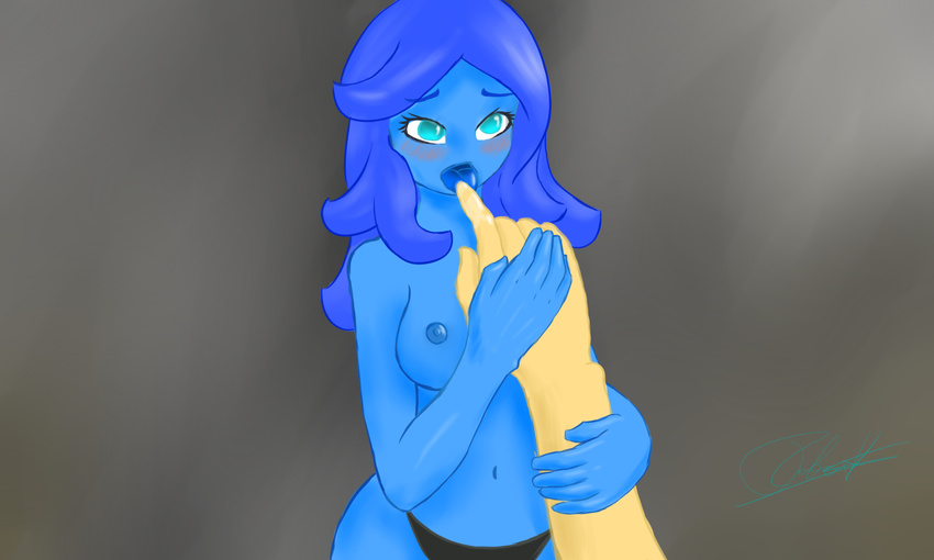 2015 blue_eyes blue_hair blue_skin blueshard blush breasts creative_commons female finger_lick goo hair human mammal not_furry orangevanim slime