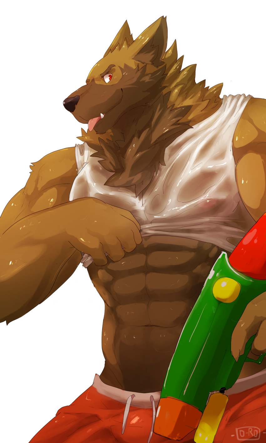 abs anthro biceps canine clothing dog flurry gun male mammal muscles o-ro pecs ranged_weapon red_eyes shirt tank_top tongue water weapon