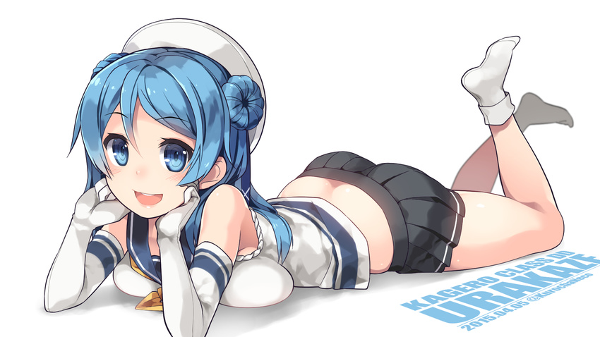 :d bare_shoulders black_skirt blue_eyes blue_hair blush bobby_socks breast_press breasts butt_crack character_name dated double_bun elbow_gloves gloves hand_on_own_face hat highres kantai_collection kuro_chairo_no_neko large_breasts long_hair lying miniskirt on_stomach open_mouth pleated_skirt school_uniform serafuku skirt sleeveless smile socks solo twitter_username urakaze_(kantai_collection) white_gloves white_hat