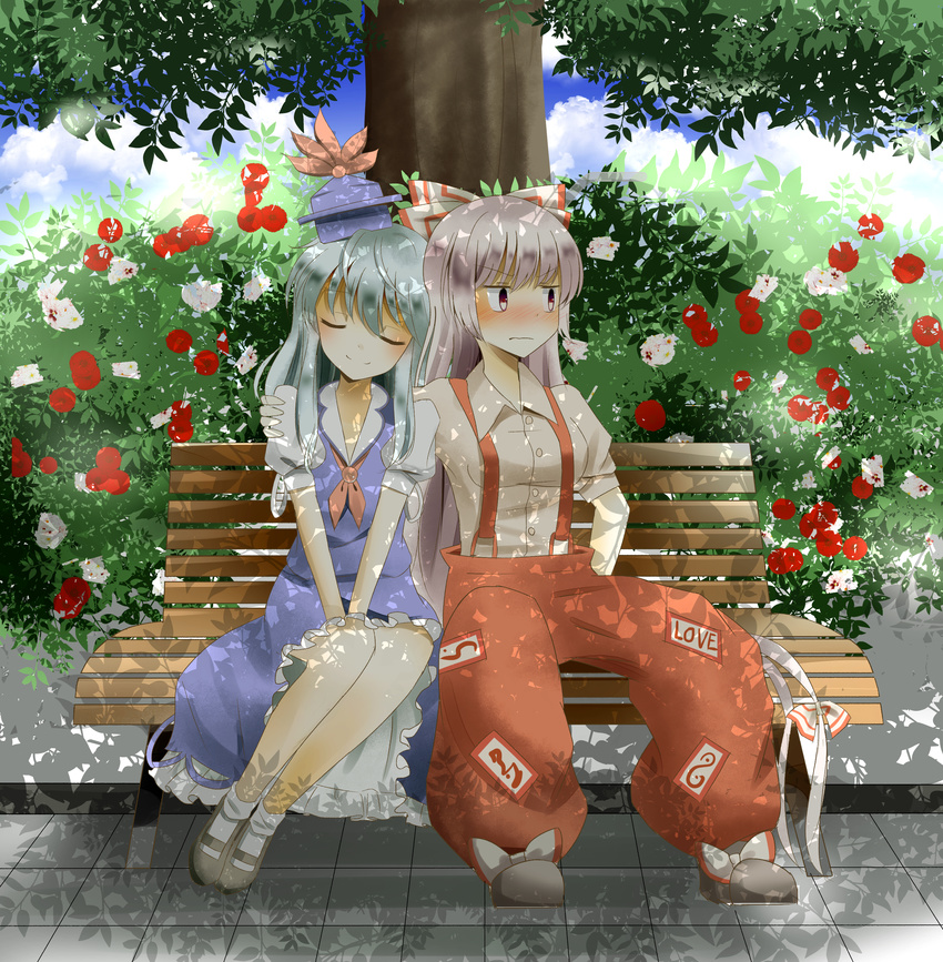absurdres arm_around_shoulder blue_dress blue_sky blush bow closed_eyes cloud commentary_request dappled_sunlight day dress flower fujiwara_no_mokou hair_bow hair_ribbon hat highres indo_(mdtanaka2007) kamishirasawa_keine leaning_on_person long_hair multiple_girls neckerchief ofuda pants puffy_short_sleeves puffy_sleeves red_eyes ribbon shirt short_sleeves silver_hair sky smile sunlight suspenders tile_floor tiles touhou tree tress_ribbon v_arms very_long_hair wavy_mouth yuri