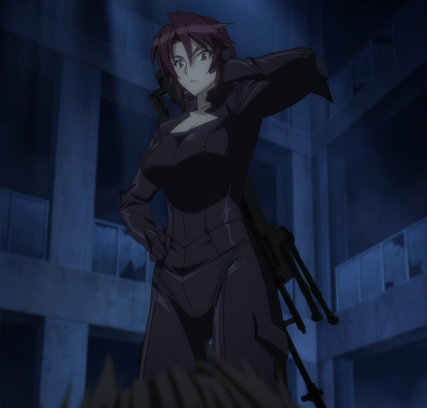 1girl bodysuit highres night red_hair rifle screencap short_hair standing triage_x tsurugi_miki weapon