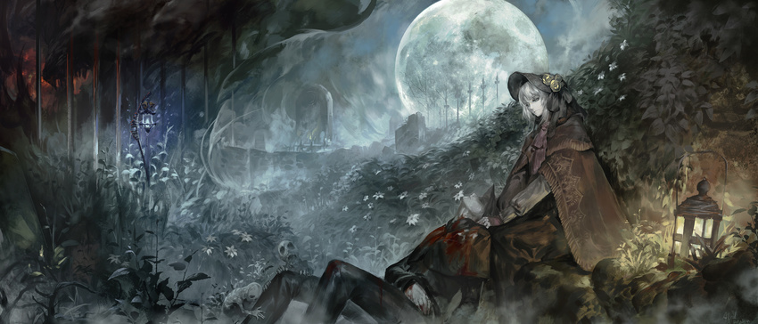 1girl alcd artist_name ascot blood bloodborne bloody_clothes bonnet bush cape capelet commentary dark dated death doll doll_joints dress fence fingerless_gloves fire flower fog foliage gloves grass grave graveyard green_eyes grey_hair highres hunter_(bloodborne) injury lantern lying_on_person messengers_(bloodborne) monster moon night pale_skin plain_doll scenery signature smile smoke