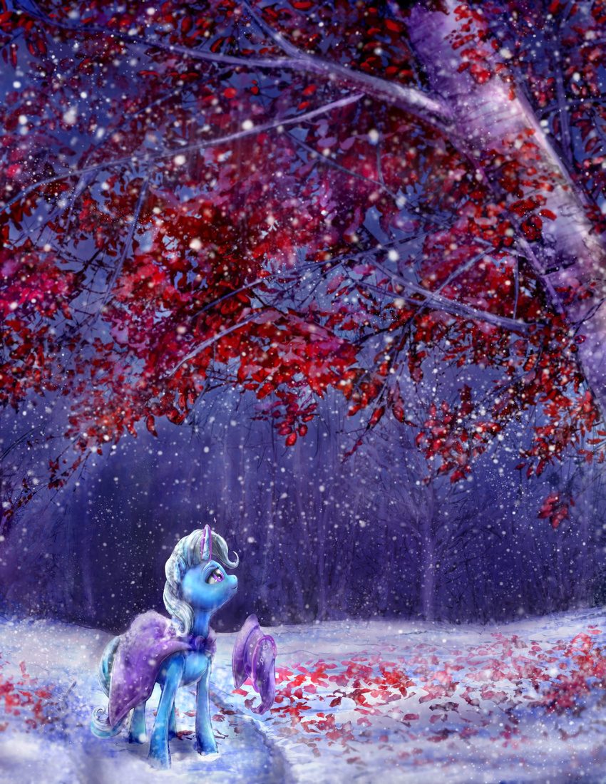 2015 blue_hair cape clothing equine female forest friendship_is_magic hair hat horn mammal my_little_pony purple_eyes snow snowing solo tree trixie_(mlp) unicorn viwrastupr white_hair wizard_hat