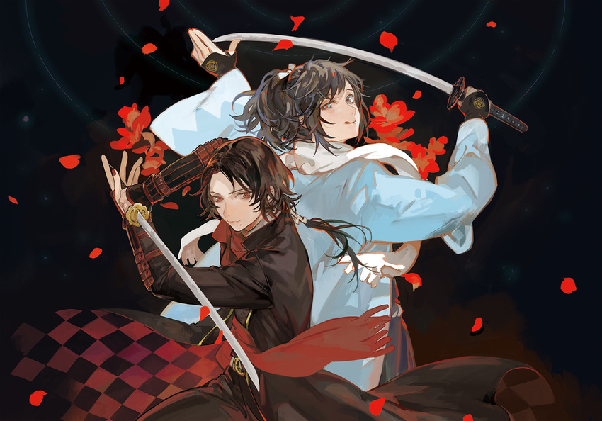 :q black_hair blue_eyes brown_hair flower haori japanese_clothes kashuu_kiyomitsu male_focus mole mole_under_eye mole_under_mouth multiple_boys nail_polish noir_(ibaraki) petals ponytail red_eyes red_scarf scarf shinsengumi smile sword tongue tongue_out touken_ranbu uchigatana uneven_eyes weapon white_scarf yamato-no-kami_yasusada