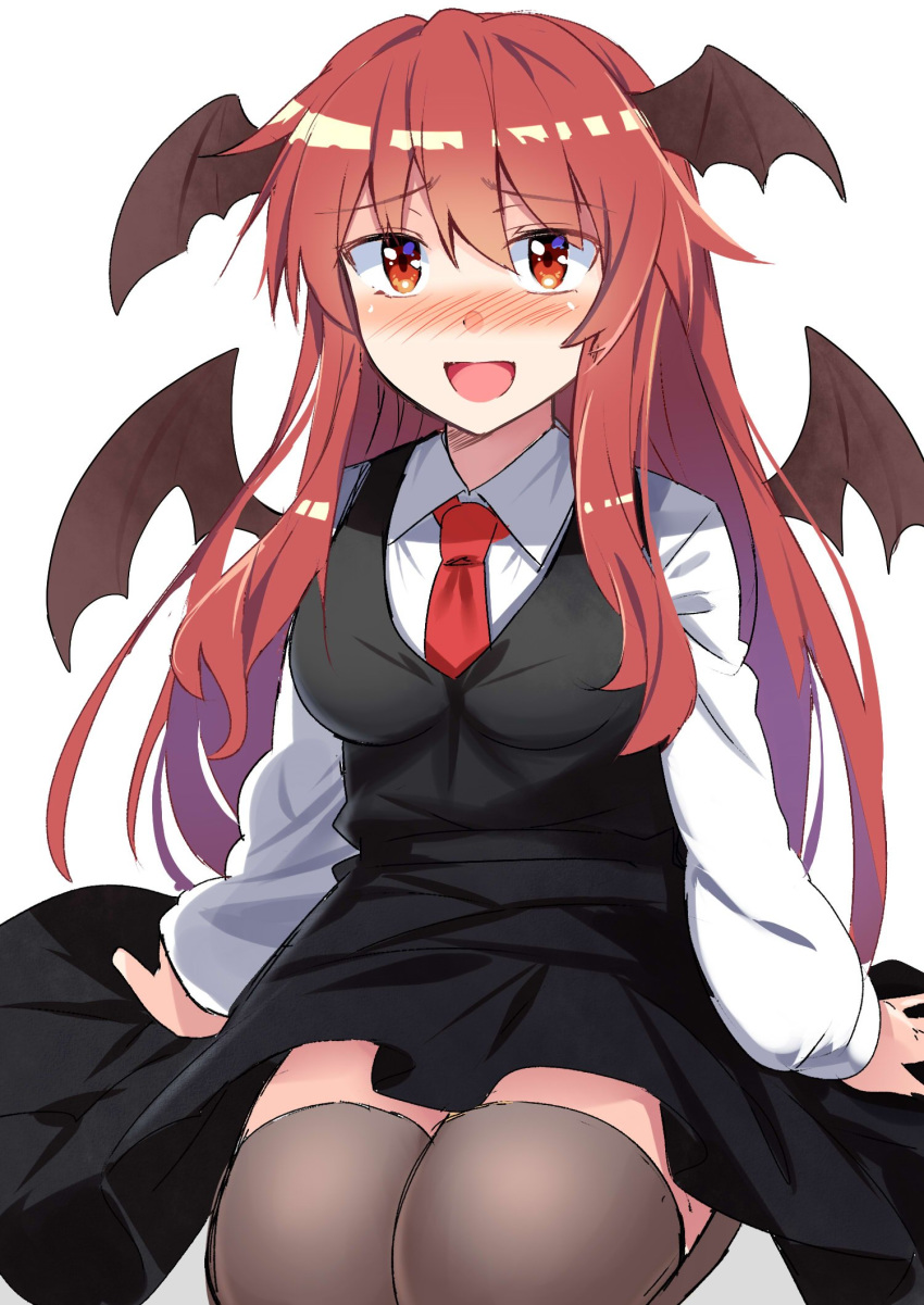 1girl :d arm_support bangs black_skirt black_vest blush breasts commentary_request demon_wings e.o. eyebrows_visible_through_hair hair_between_eyes head_wings highres koakuma long_hair long_sleeves looking_at_viewer medium_breasts necktie nose_blush open_mouth red_eyes red_hair red_neckwear seiza sheer_legwear shirt sidelocks simple_background sitting skirt skirt_set smile solo thighhighs thighs touhou very_long_hair vest white_background white_shirt wings