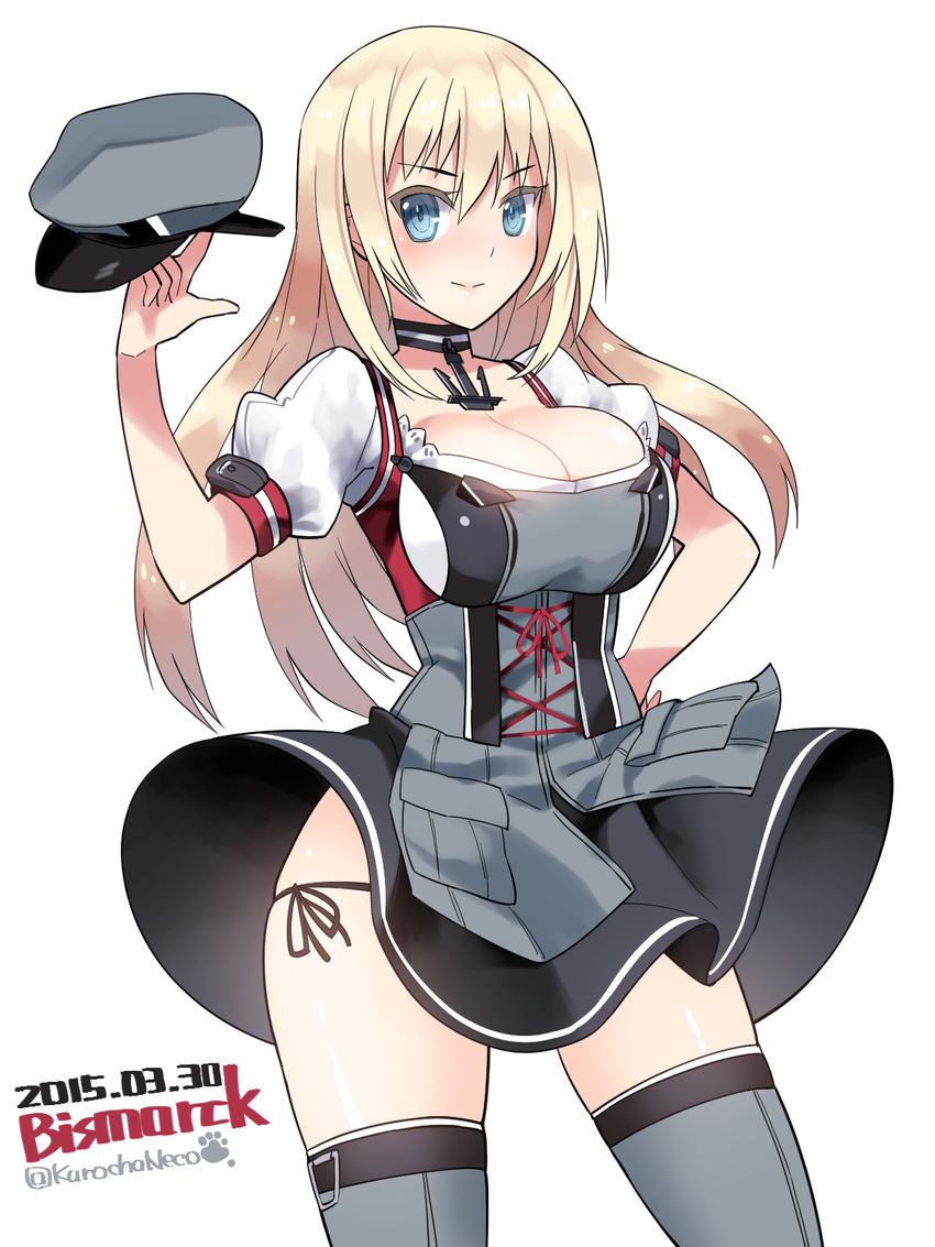 adapted_costume bismarck_(kantai_collection) black_panties blonde_hair blue_eyes blush breasts character_name choker cleavage dated dirndl dress front-seamed_legwear german_clothes hat hat_removed headwear_removed highres holding holding_hat kantai_collection kuro_chairo_no_neko large_breasts long_hair panties paw_print peaked_cap puffy_short_sleeves puffy_sleeves seamed_legwear short_sleeves side-tie_panties smile solo thighhighs twitter_username underwear