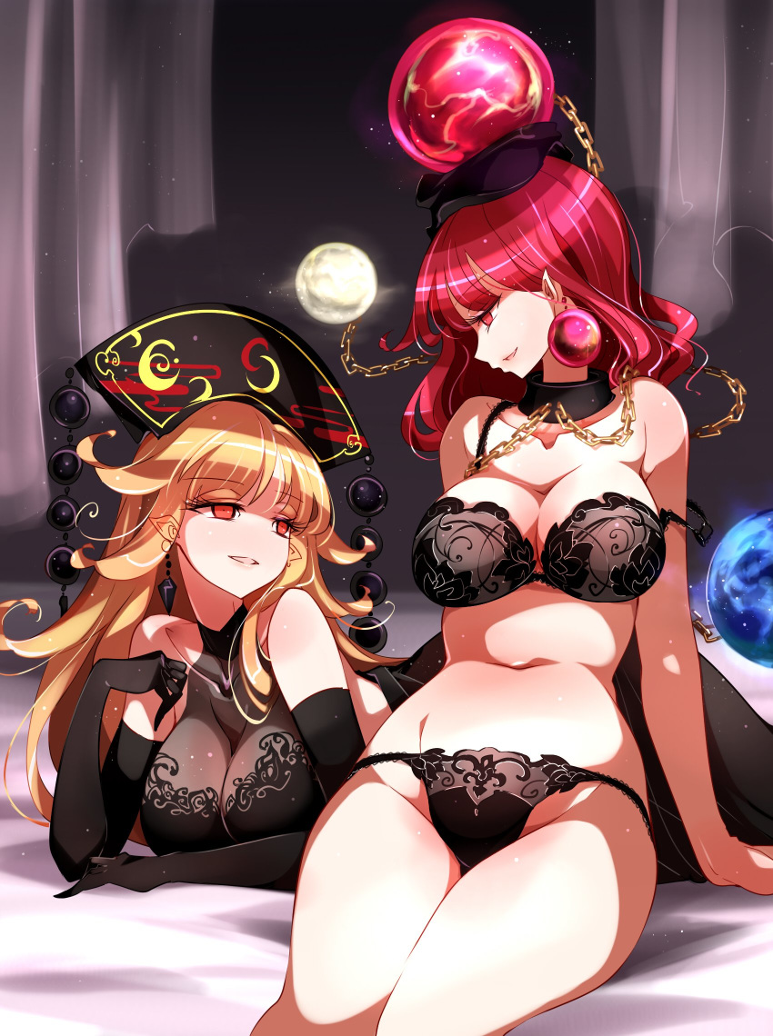 2girls arm_support bangs bare_arms bare_shoulders bed_sheet black_bra black_choker black_dress black_gloves black_panties blonde_hair bra breasts chains choker collarbone commentary_request curtains dress earrings earth_(ornament) elbow_gloves eyebrows_visible_through_hair feet_out_of_frame gloves groin headdress hecatia_lapislazuli highres jewelry junko_(touhou) large_breasts long_hair looking_at_another looking_down lying moon_(ornament) multiple_girls navel night night_sky no_nose on_stomach panties parted_lips pointy_ears polos_crown profile raptor7 reclining red_eyes red_hair sitting sky smile stomach strap_slip tassel thighs touhou underwear underwear_only