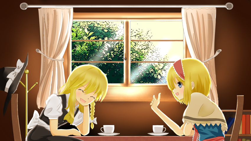 alice_margatroid apron blonde_hair blue_eyes blush braid capelet closed_eyes cup curtains hairband hat hat_removed headwear_removed highres indo_(mdtanaka2007) kirisame_marisa long_hair multiple_girls open_mouth short_hair side_braid smile talking teacup touhou waist_apron window witch_hat