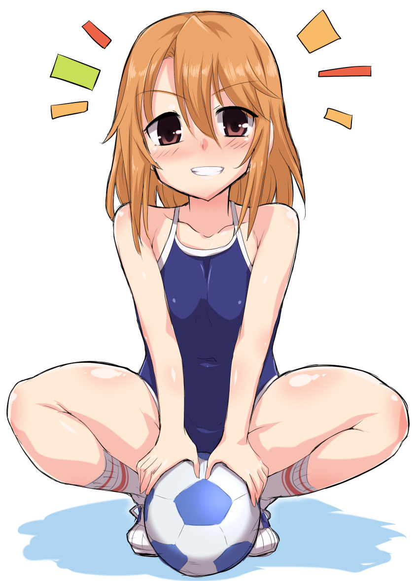 /\/\/\ 1girl absurdres ball blue_swimsuit brown_eyes brown_hair character_request competition_school_swimsuit covered_navel flat_chest full_body grin highres idolmaster idolmaster_cinderella_girls looking_at_viewer school_swimsuit shoes short_hair simple_background smile sneakers soccer_ball socks solo squatting swimsuit telstar white_background white_footwear white_legwear yoshi_tama