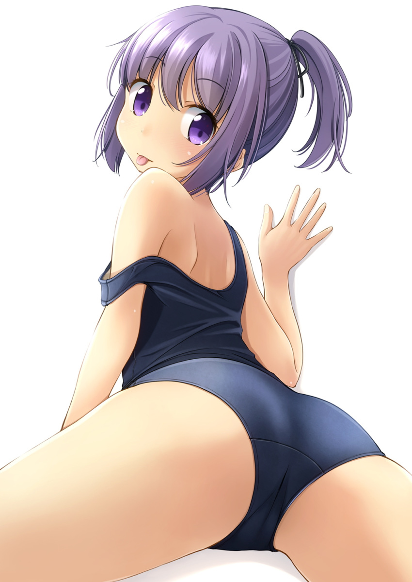 1girl ass blue_swimsuit cowboy_shot from_behind highres looking_at_viewer looking_back original ponytail purple_hair school_swimsuit shibacha short_hair simple_background solo swimsuit swimsuit_pull tongue tongue_out white_background