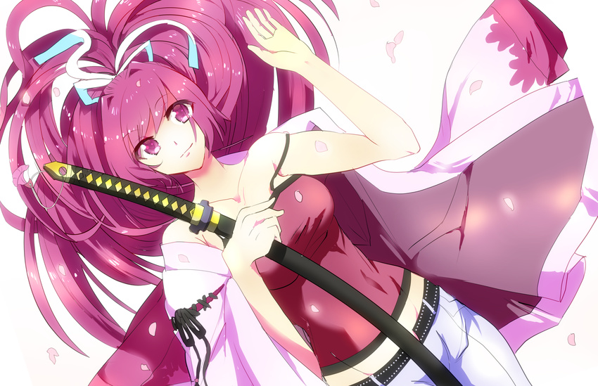 bare_shoulders camisole groin highres katana lying maduzu midriff pink_hair ponytail solo sword under_night_in-birth weapon yuzuriha_(under_night_in-birth)