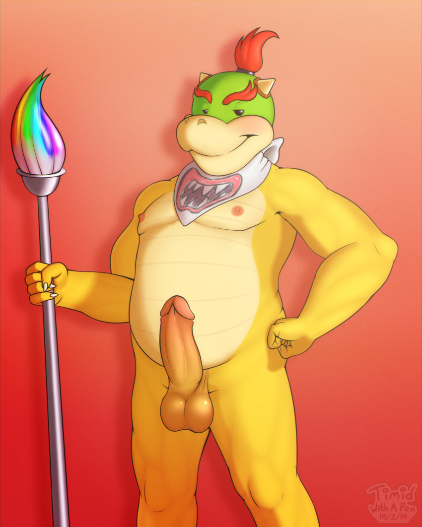 2019 5_fingers abs absurd_res anthro anthrofied balls bandanna belly big_belly bowser_jr. brush claws digital_media_(artwork) erection hair hi_res horn humanoid_penis koopa looking_at_viewer male mario_bros musclegut muscular nintendo nipples nude penis ponytail reptile scalie signiture simple_background smile solo standing timidwithapen video_games