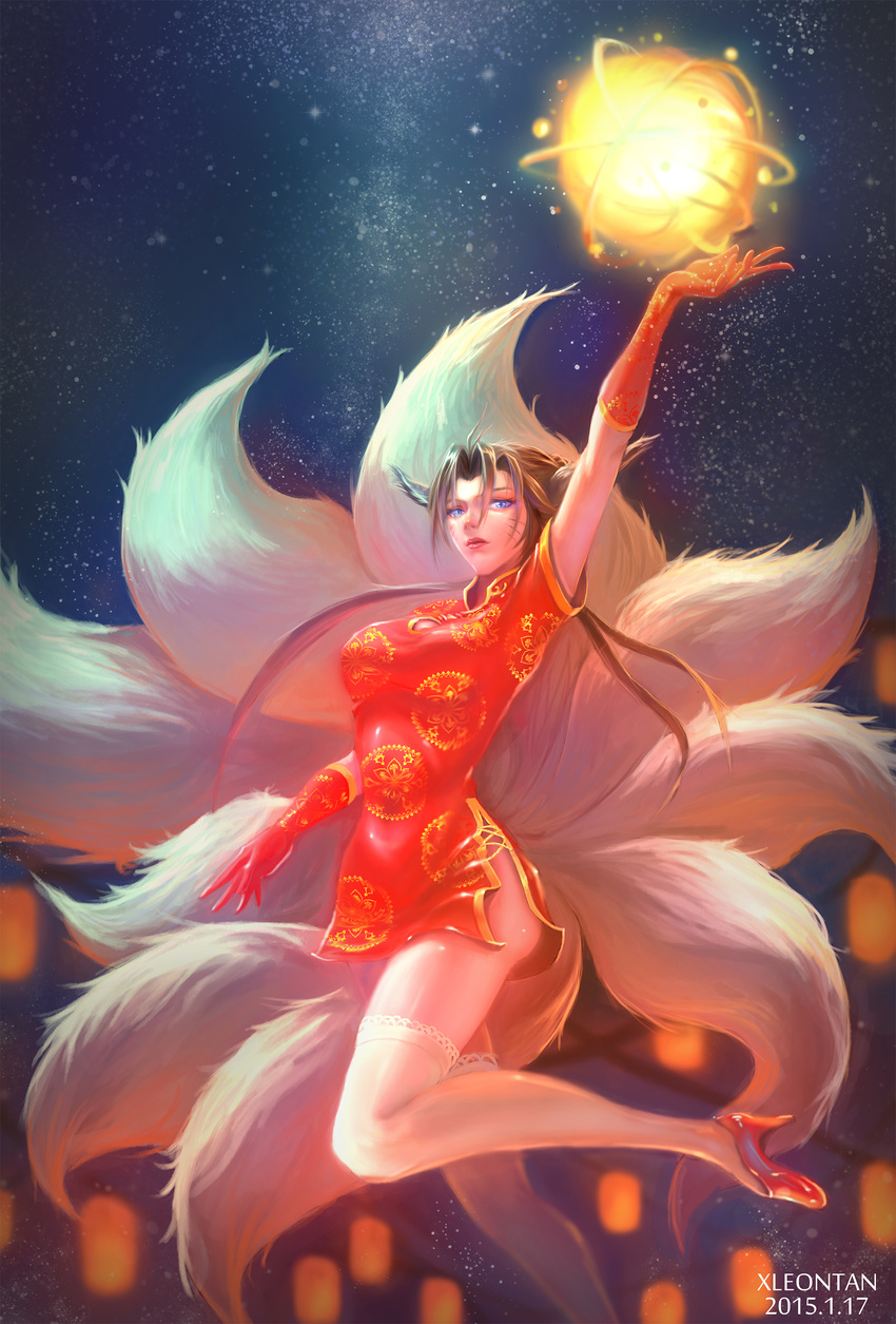 2015 absurdres ahri animal_ears blue_eyes brown_hair china_dress chinese_clothes dated dress elbow_gloves energy_ball facial_mark fox_ears fox_tail gloves high_heels highres league_of_legends long_hair multiple_tails short_dress side_slit signature slit_pupils solo tail thighhighs white_legwear xleontan