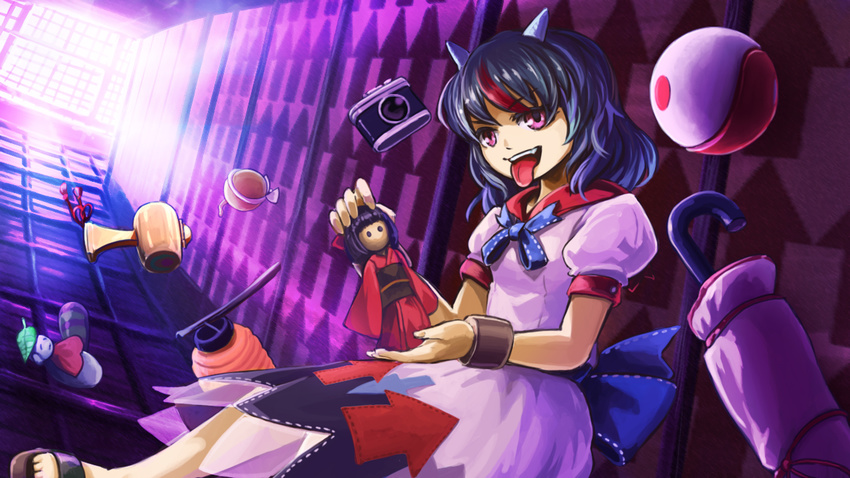 azumi_(madogiwa_bocchi_seki) bangle black_hair bomb bow bracelet camera doll dress horns impossible_spell_card jewelry jizou kijin_seija lantern mallet multicolored_hair open_mouth parasol red_eyes red_hair short_hair smile solo streaked_hair tongue tongue_out touhou umbrella white_hair yin_yang