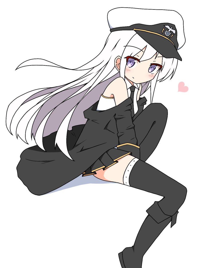 1girl azur_lane bangs bare_shoulders black_footwear black_jacket black_legwear black_neckwear black_skirt blush boots closed_mouth collared_shirt commentary_request enterprise_(azur_lane) eyebrows_visible_through_hair full_body hat heart highres ichi jacket knee_boots long_hair long_sleeves looking_at_viewer looking_to_the_side off_shoulder peaked_cap pleated_skirt purple_eyes shadow shirt skirt sleeveless sleeveless_shirt smile solo thighhighs thighhighs_under_boots very_long_hair white_background white_hair white_hat white_shirt