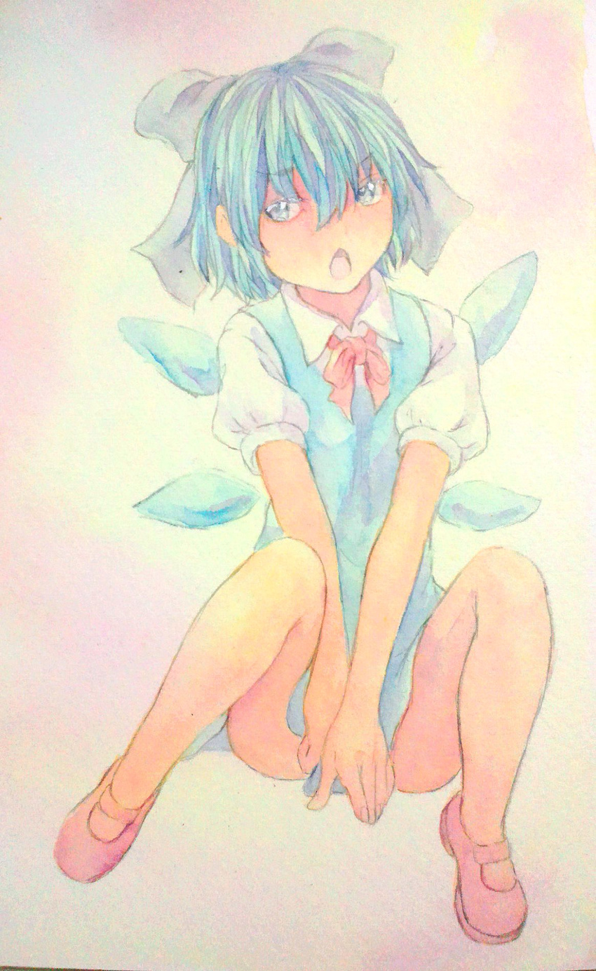acrylic_paint_(medium) blue_eyes blue_hair bow chestnut_mouth cirno covering covering_crotch dress full_body graphite_(medium) hair_between_eyes hair_bow highres ice ice_wings no_socks open_mouth pink_background puffy_short_sleeves puffy_sleeves red_footwear shoes short_hair short_sleeves sitting solo touhou traditional_media v_arms watercolor_(medium) wings yuyu_(00365676)