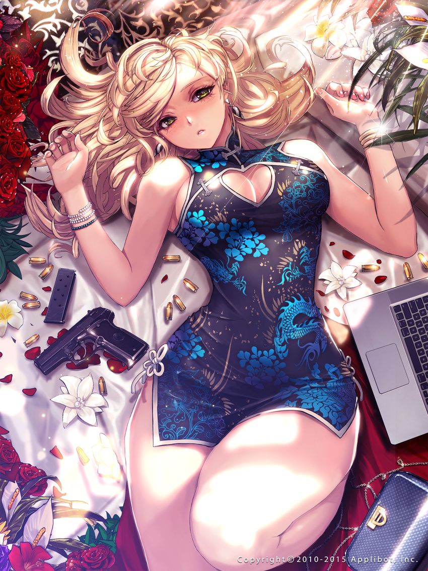 bag blonde_hair blush bracelet breasts cartridge china_dress chinese_clothes cleavage cleavage_cutout computer dress earrings flower furyou_michi_~gang_road~ gun handbag handgun heart_cutout highres jewelry laptop large_breasts long_hair looking_at_viewer lying magazine_(weapon) nail_polish on_back petals rose rose_petals solo thighs weapon xaxak yellow_eyes