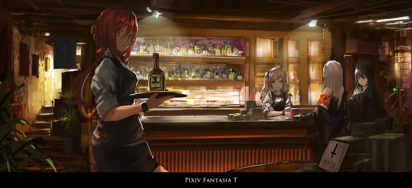 alcohol aqua_eyes armband bad_id bad_pixiv_id bangs bar bartender black_hair black_skirt blonde_hair bottle bow bowtie ceiling_light commentary_request counter cross crossed_arms hair_between_eyes highres holding holding_tray indoors inverted_cross long_hair looking_at_viewer money multiple_girls open_mouth pencil_skirt pixiv_fantasia pixiv_fantasia_t plant ponytail potted_plant red_eyes red_hair renatus.z shelf shirt skirt sleeves_folded_up smile tray twintails vest white_hair white_shirt wine_bottle