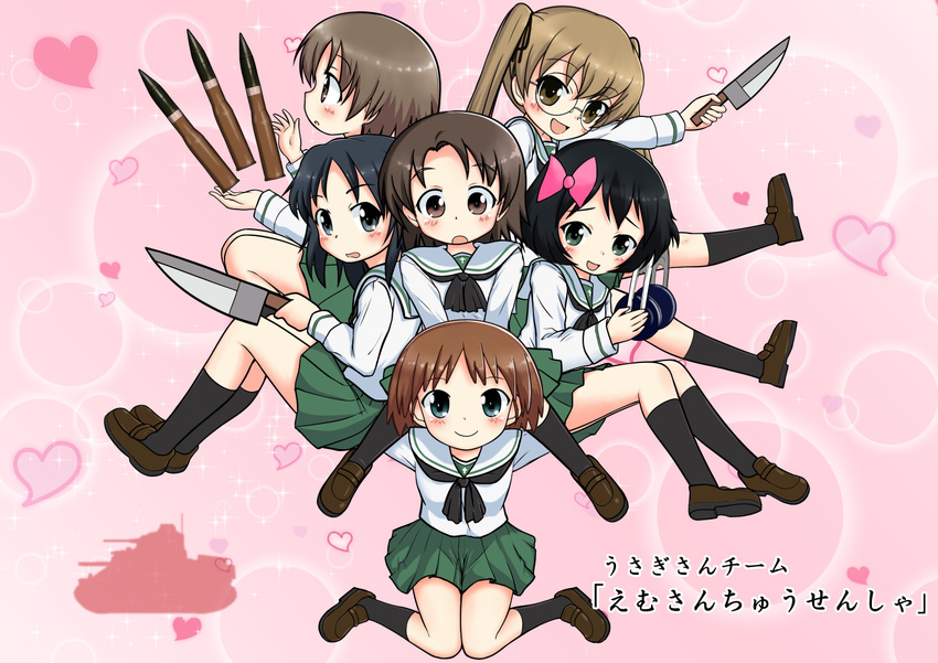 black_hair black_legwear blue_eyes blue_hair blush bow brown_eyes brown_hair bullet carrying girls_und_panzer glasses green_eyes green_skirt ground_vehicle hair_bow hair_ribbon headphones heart knife long_hair long_sleeves looking_at_viewer m3_lee maruyama_saki medium_tank military military_vehicle miniskirt motor_vehicle multiple_girls neckerchief ooarai_school_uniform oono_aya open_mouth piggyback pleated_skirt poortan ribbon sakaguchi_karina sawa_azusa school_uniform serafuku short_hair sitting skirt smile socks sparkle straddling tank translated twintails utsugi_yuuki yamagou_ayumi