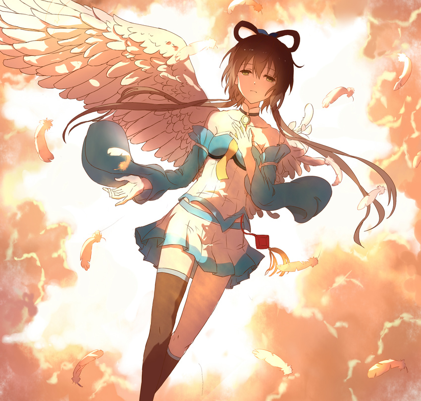 asymmetrical_wings bare_shoulders black_hair breasts detached_sleeves feathered_wings green_eyes hair_ornament hair_rings hand_on_own_chest highres lan_jue long_hair luo_tianyi necktie short_hair_with_long_locks skirt small_breasts solo vocaloid vocanese wings