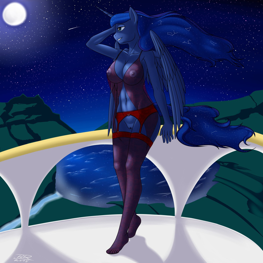 2015 anthro anthrofied areola balcony big_breasts blue_hair breasts clothing equine female friendship_is_magic full_moon garter_belt hair horn legwear lingerie long_hair mammal moon my_little_pony navel nipples outside pabloracer plantigrade princess_luna_(mlp) pussy shooting_star solo stockings translucent transparent_clothing water winged_unicorn wings