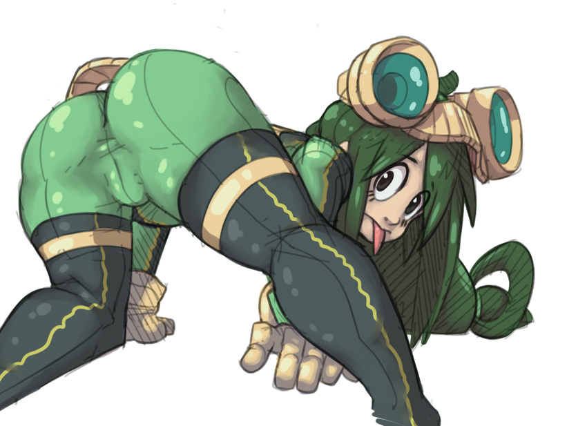 :&gt; :p all_fours ass asui_tsuyu black_eyes bodysuit boku_no_hero_academia boots colorized frog_girl from_behind gloves goggles goggles_on_head green_bodysuit green_hair long_hair monster_girl solo thigh_boots thighhighs tongue tongue_out zsky