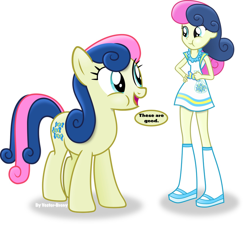 2015 absurd_res alpha_channel blue_eyes bonbon_(eg) bonbon_(mlp) candy clothing dialogue dress duo eating english_text equestria_girls equine female friendship_is_magic hi_res horse human mammal my_little_pony plain_background pony text transparent_background vector-brony
