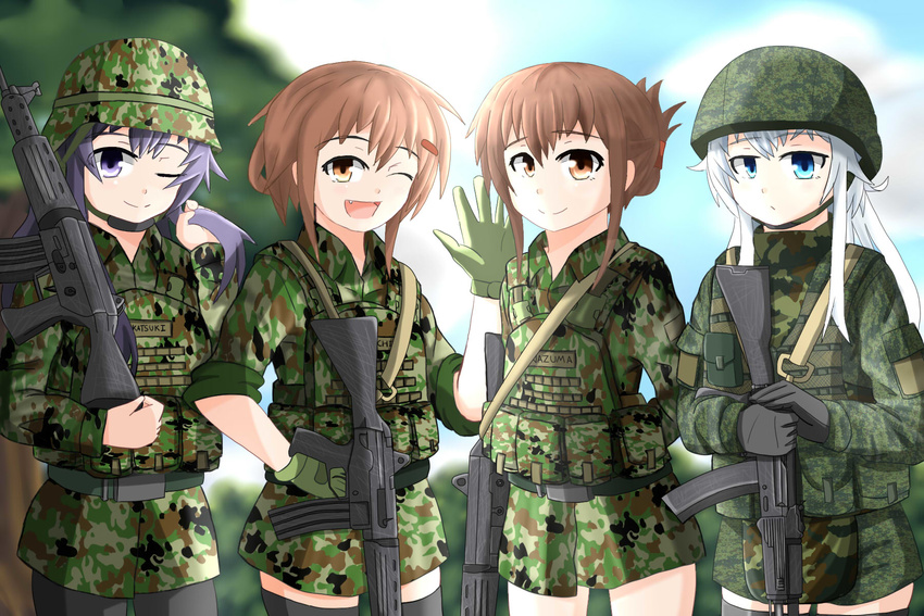 ak-74m akatsuki_(kantai_collection) assault_rifle belt body_armor bulletproof_vest camouflage cyka folded_ponytail gun helmet hibiki_(kantai_collection) highres howa_type_89 ikazuchi_(kantai_collection) inazuma_(kantai_collection) japan_ground_self-defense_force japan_self-defense_force kantai_collection load_bearing_vest military military_uniform multiple_girls plate_carrier pouch rifle sling uniform verniy_(kantai_collection) weapon