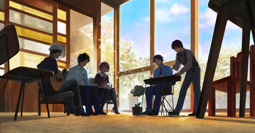 4boys ^_^ ^o^ bad_id bad_pixiv_id black_hair blue_shirt chair closed_eyes dress_shirt flower glass glasses guitar hat headphones headphones_around_neck highres indoors instrument keyboard_(instrument) multiple_boys necktie original pants red_hair shirt short_hair sitting vest window zipperradio