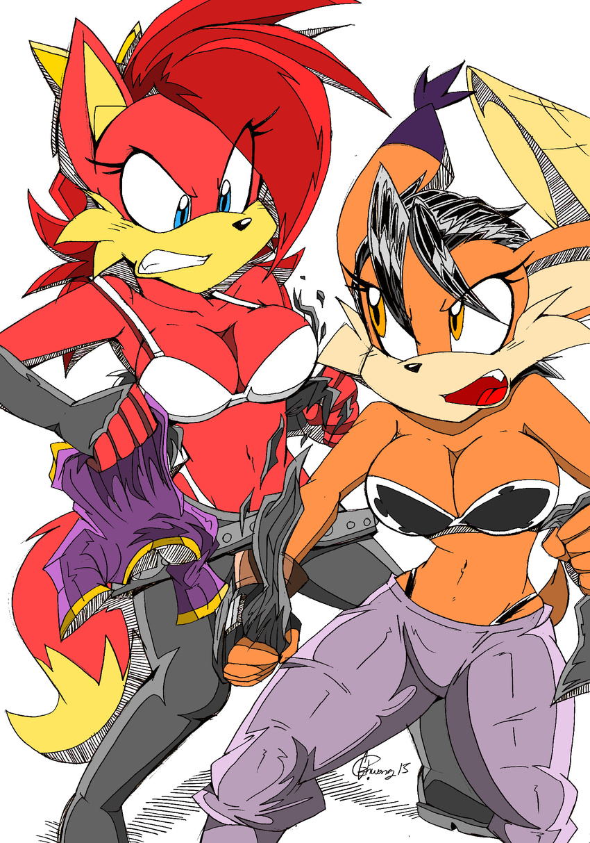 2015 akatsukishiranui-fox anthro big_breasts bra breasts canine clothing conquering_storm feline female fight fiona_fox fox lynx mammal panties sonic_(series) torn_clothing underwear