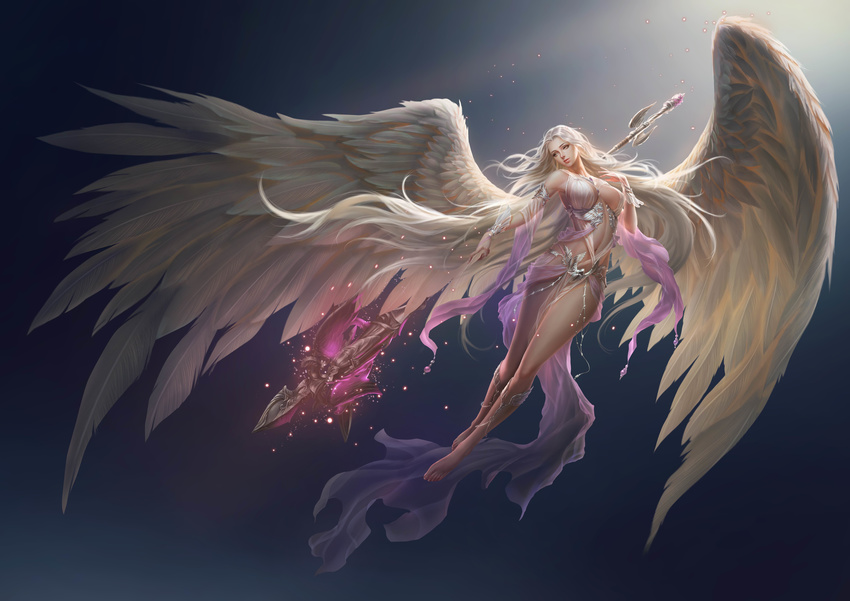 absurdres angel angel_wings breasts highres large_breasts large_wings league_of_angels long_hair long_legs non-web_source polearm realistic rike_lee see-through silver_hair solo spear very_long_hair weapon wings yellow_eyes