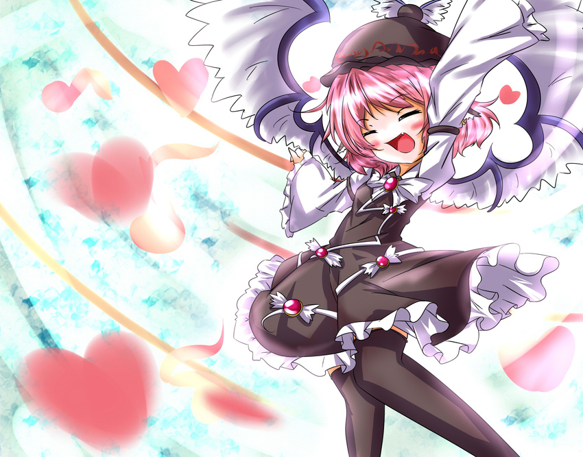 :d ^_^ alternate_color animal_ears aya-on_(miria00) bird_wings closed_eyes dress fang frilled_dress frills hat heart highres long_sleeves mystia_lorelei open_mouth pink_hair short_hair smile thighhighs touhou wide_sleeves winged_hat wings
