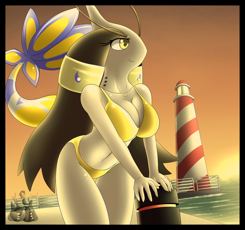 2013 alternate_color anthro bent_over bikini black_skin blue_scales bra breasts clothed clothing female latiar lighthouse milotic navel nintendo outside pok&eacute;mon pok&eacute;morph sea skimpy solo swimsuit underwear video_games water yellow_eyes yellow_scales