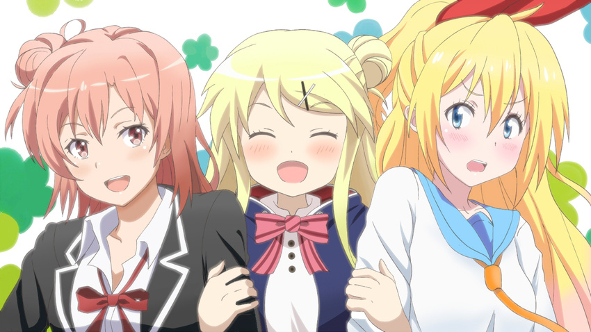 :d ^_^ arm_holding bad_id bad_pixiv_id banboro_(technobot) blonde_hair blue_eyes blush bow brown_eyes brown_hair closed_eyes crossover girl_sandwich hair_bun hair_ornament hair_ribbon hairclip kin-iro_mosaic kirisaki_chitoge kujou_karen long_hair multiple_girls nisekoi open_mouth ribbon sandwiched school_uniform season_connection seiyuu_connection short_hair smile touyama_nao upper_body x_hair_ornament yahari_ore_no_seishun_lovecome_wa_machigatteiru. yuigahama_yui