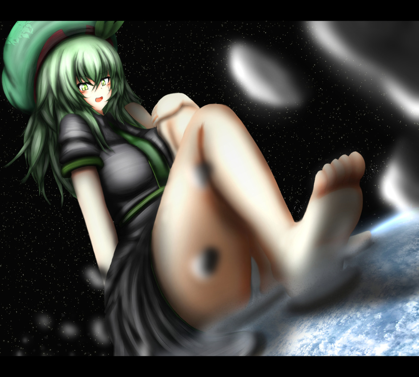 barefoot blush earth giantess green_eyes green_hair hat highres leaf letterboxed long_hair neva open_mouth original seoi_ha solo space touhou