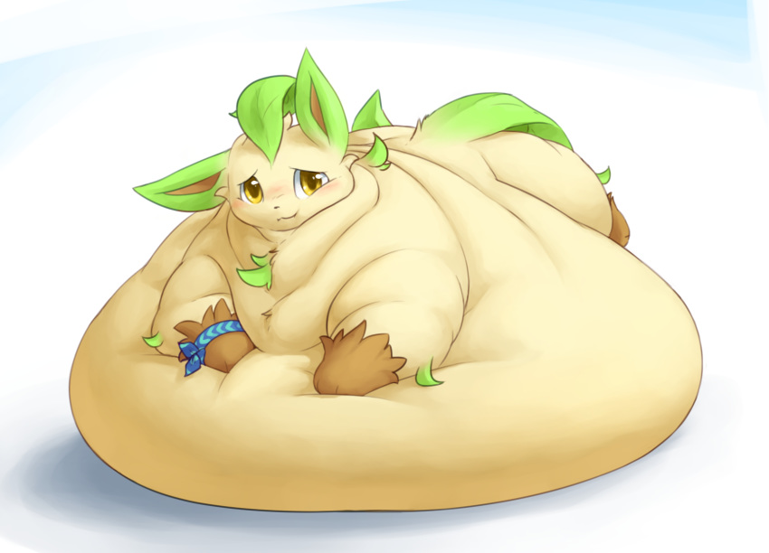 ambiguous_gender belly big_belly blush eeveelution hyper hyper_belly leafeon lying morbidly_obese nintendo obese on_front overweight pok&eacute;mon pok&eacute;mon_(species) solo veiukket video_games