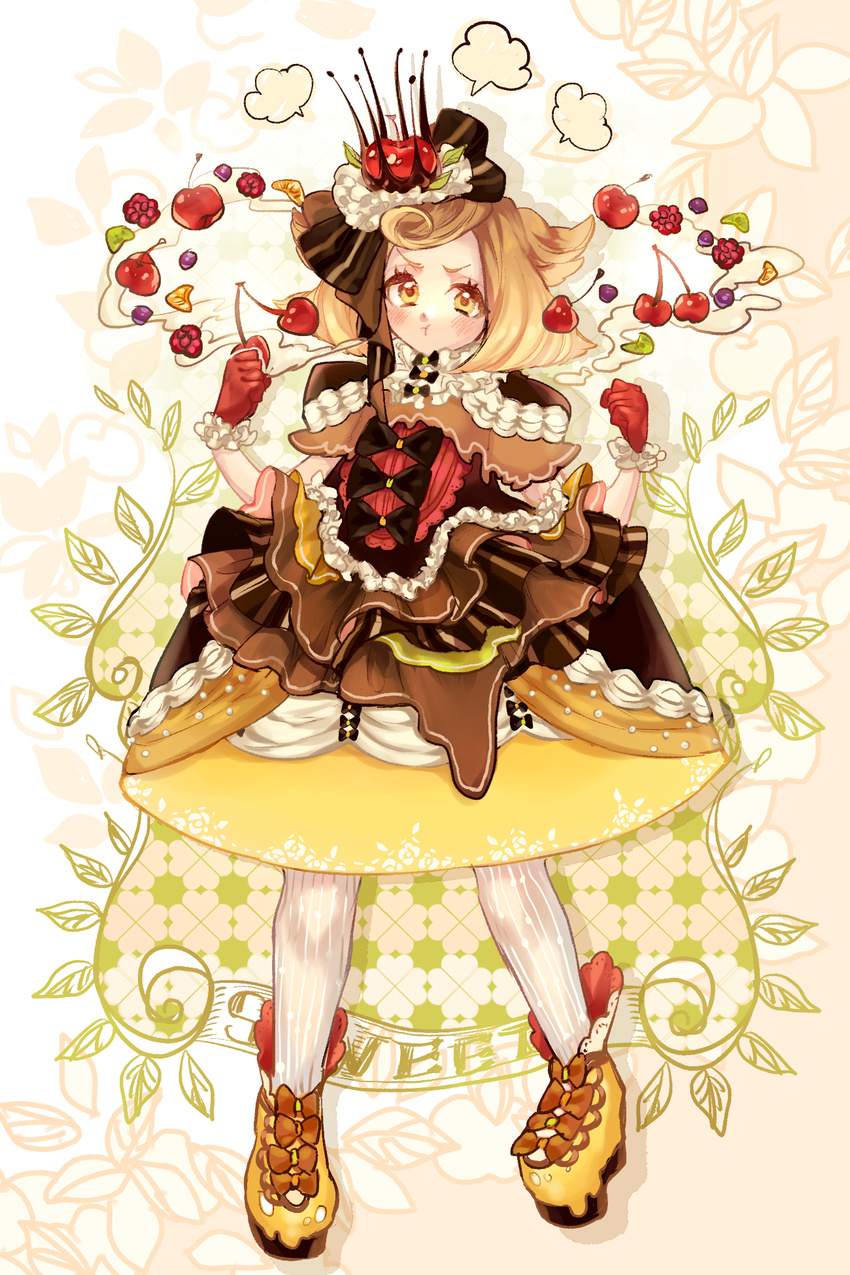 :t annoyed black_bow blueberry blush bow brown_bow brown_eyes brown_hair cherry_hair_ornament dress food food_themed_clothes food_themed_hair_ornament fruit full_body gloves hair_bow hair_ornament highres laila_(denbu3) layered_dress lolita_fashion looking_at_viewer original personification pocketland pudding_a_la_mode raspberry red_gloves short_hair solo standing whipped_cream