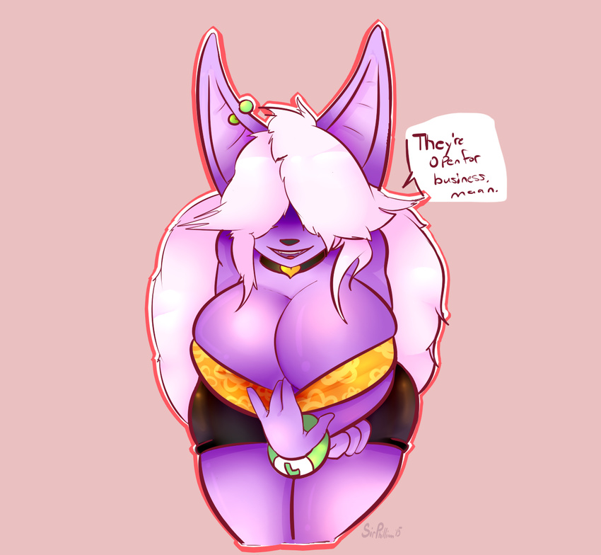 anthro bat big_breasts breasts clothed clothing ear_piercing female hair_over_eyes mammal piercing sirphilliam_(artist) skootch smile solo