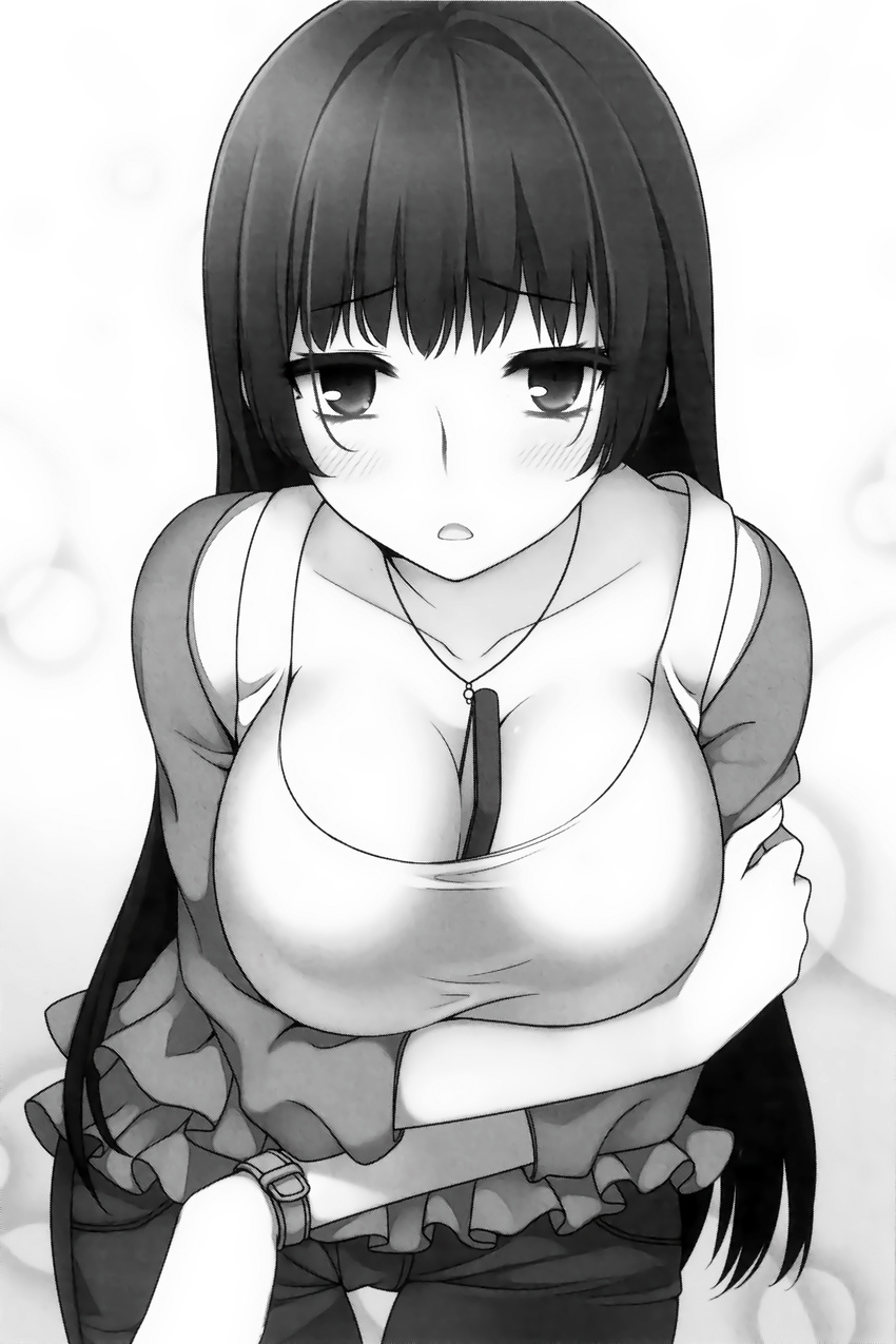 absurdres bent_over between_breasts blush breast_hold breasts cleavage collarbone greyscale highres jacket jewelry large_breasts long_hair looking_at_viewer monochrome necklace off_shoulder open_mouth ore_ga_ojou-sama_gakkou_ni_"shomin_sample"_toshite_rachirareta_ken scan solo uruu_gekka watch wristwatch