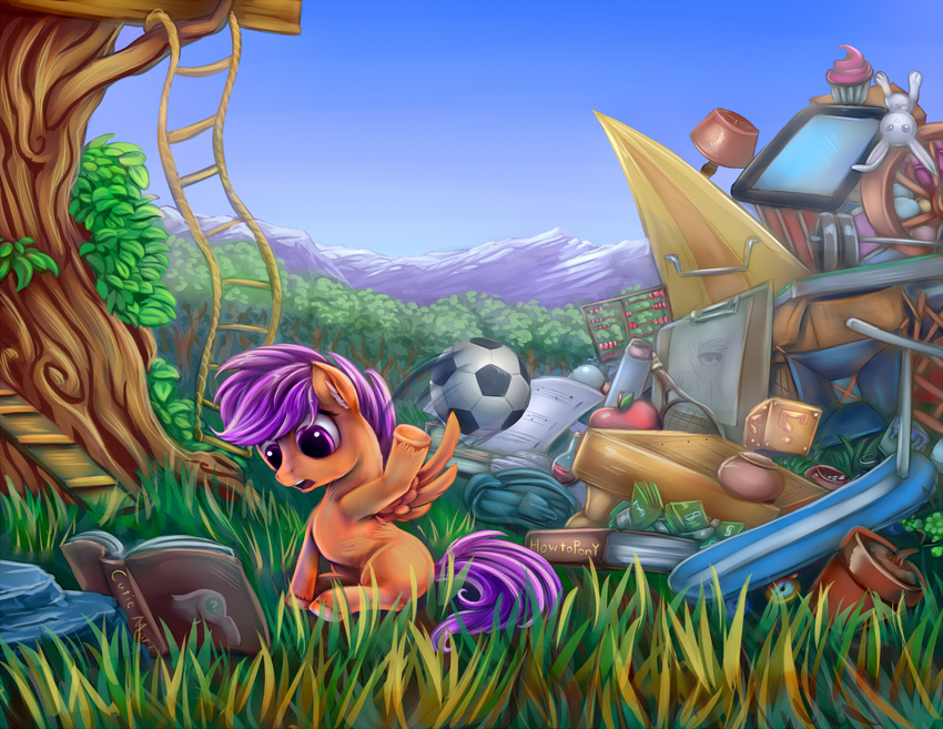 2015 ball book equine female friendship_is_magic grass hair ladder mammal mountain my_little_pony outside pegasus purple_eyes purple_hair reading rope_ladder scootaloo_(mlp) scooter sitting soccer solo treehouse viwrastupr wings young